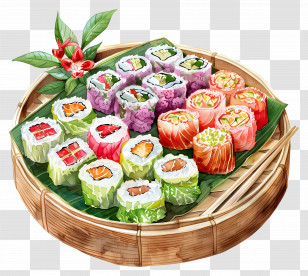 Spring Rolls - Colorful Sushi Platter On Bamboo Tray Transparent PNG