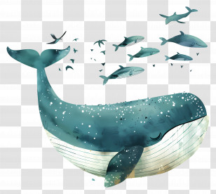Whale Watching - Abstract Whale With Fish In A Marine Artistic Design Transparent PNG