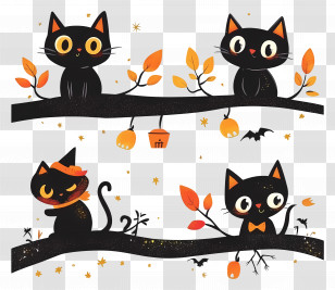 Halloween Banner Template - Black Cats On Branches Cartoon Illustration Transparent PNG
