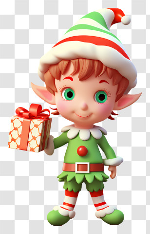 Child In Santa Claus Costume - Cute Christmas Elf With Gift Transparent PNG