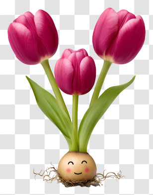 Tulip Trio - Smiling Tulip Bulb With Flowers Transparent PNG