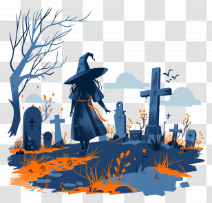 Witch In Graveyard - Silhouetted Witch In A Haunted Cemetery Transparent PNG