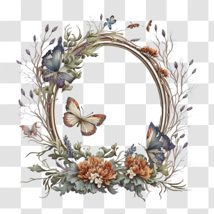 Hand Drawn Frame - Elegant Floral Wreath With Butterflies Transparent PNG