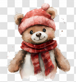 Christmas Watercolor - Teddy Bear With Hat And Scarf Transparent PNG