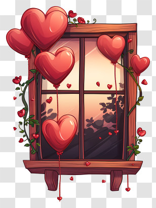 Valentine Window - Window Decorated With Red Heart Balloons Transparent PNG