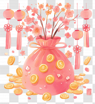 Money Bag - Chinese New Year Red Bag With Gold Coins And Blossom Transparent PNG