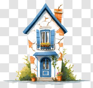 Damaged House With Cracks - Tall Cartoon House With Blue Accents Transparent PNG
