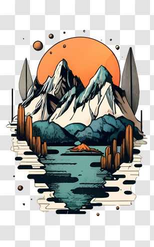 Patagonia Mountain Range - Artistic Illustration Of Mountains And Lake Transparent PNG
