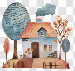Village House - Cute Cartoon House With Trees Transparent PNG