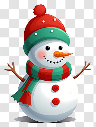 Snowman - Cheerful Snowman With Scarf And Hat Transparent PNG