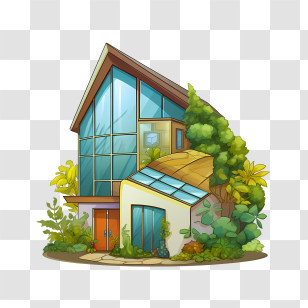 Eco House - Modern Glass House With Greenery Illustration Transparent PNG