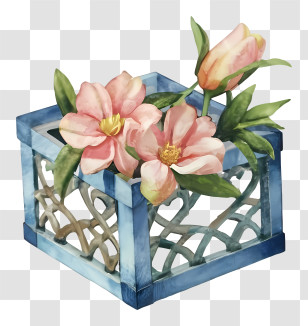 Blue Wooden Box - Pink Flowers In Blue Box Transparent PNG