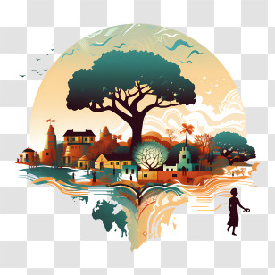 South Africa Heritage Day - Artistic Village Landscape With Tree And Sunset Transparent PNG