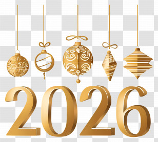 2026 New Year - Golden 2026 With Hanging Ornaments Transparent PNG