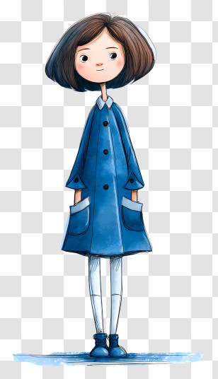 Watercolor Girl - Cartoon Girl In A Blue Coat Transparent PNG