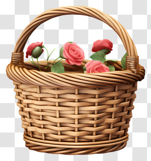 Wicker Basket - Decorative Wicker Basket With Pink Roses Transparent PNG
