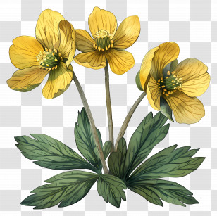 Winter Aconite - Yellow Wildflowers With Green Foliage Transparent PNG