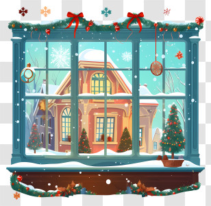 Winter Scene - Snowy Window With Christmas Decorations And Festive Scene Transparent PNG