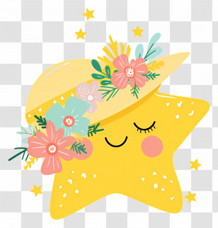 Kawaii Star - Yellow Star With Floral Hat Transparent PNG