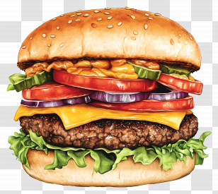 Beef Burger - Cheeseburger With Tomato, Cheese, And Pickles Transparent PNG