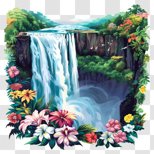 Victoria Falls - Waterfall With Vibrant Flowers And Lush Greenery Transparent PNG