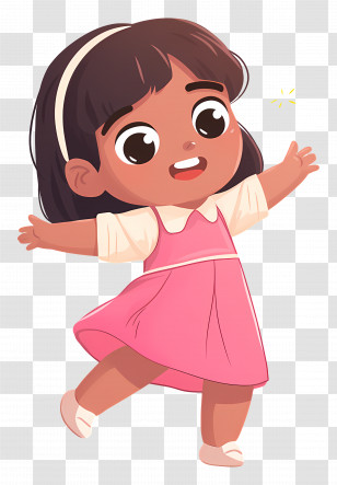 Cartoon Little Girl - Happy Cartoon Girl In Pink Dress Transparent PNG