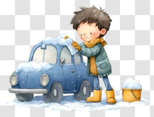 Boy Wiping Snow Off Car - Kid Cleaning A Snowy Car Transparent PNG
