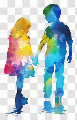 Children Silhouette - Colorful Silhouette Of Children Holding Hands Transparent PNG