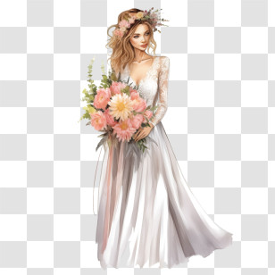 Wedding Dress
 - Bride Holding Floral Bouquet Illustration Transparent PNG