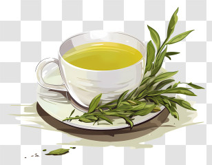Green Tea - Hot Cup Of Green Tea Decorated With Leaves Transparent PNG