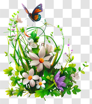 Spring Begins - Vibrant Butterfly And Blooming Flowers Transparent PNG