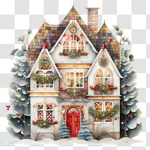 Watercolor Painting - Beautiful Christmas Decorated House Illustration Transparent PNG