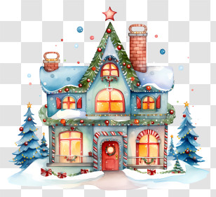 Blue And White House - Charming Decorated Home In The Winter Snow Transparent PNG