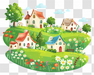 Country Village - Cartoon Houses On Green Landscape Transparent PNG