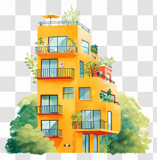 Condominium - Yellow Multi-level Modern Building With Balconies Transparent PNG