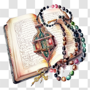 Watercolor Quran
 - Open Book With Islamic Prayer Beads Transparent PNG