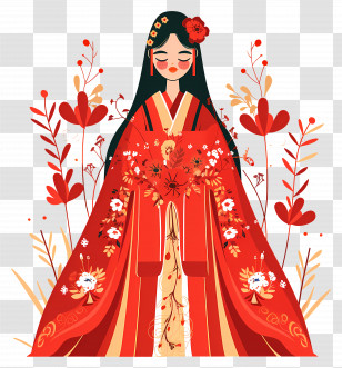 Traditional Bride - Woman In Red Traditional Dress With Floral Patterns Transparent PNG