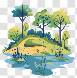 Summer Park - Serene Forest Pond Landscape Illustration Transparent PNG