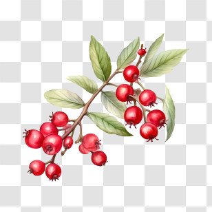 Red Cranberries - Illustration Of Red Berries On Green Branch Transparent PNG