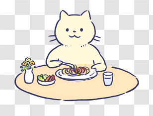 Cat - Cartoon Cat Enjoying A Meal At Table Transparent PNG