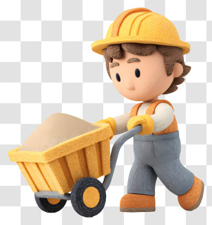 Little Worker Pushing Sand Trolley - Construction Worker With Wheelbarrow Transparent PNG
