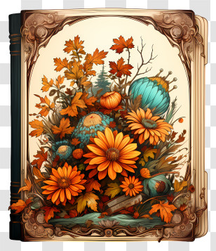 Vintage Style Illustration - Vintage Floral Book Cover With Autumn Leaves Transparent PNG
