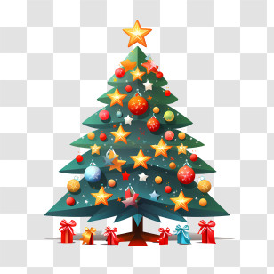 Christmas Tree - Decorated Christmas Tree With Ornaments And Star Transparent PNG