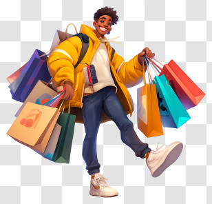 Shopping Young Man - Cheerful Shopper In Yellow Jacket Transparent PNG