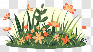 Grass Patch - Orange Flowers And Lush Green Grass Illustration Transparent PNG
