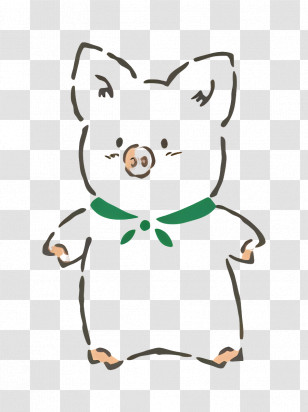 Zashikibuta - Minimalist Pig Sketch Cartoon With A Green Bow Transparent PNG