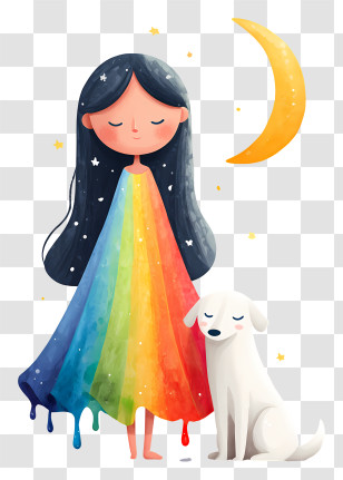 Whimsy Girl - Rainbow Dress Girl With Dog Transparent PNG