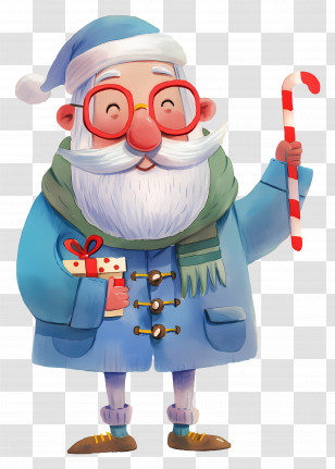 Cartoon Old Man - Santa Claus With Gift And Candy Cane Transparent PNG