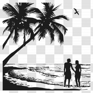Beach Silhouette - Beach Silhouette With Palm Trees And Couple Transparent PNG