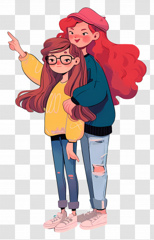 Watercolor Siblings - Two Girls Pointing Forward Transparent PNG